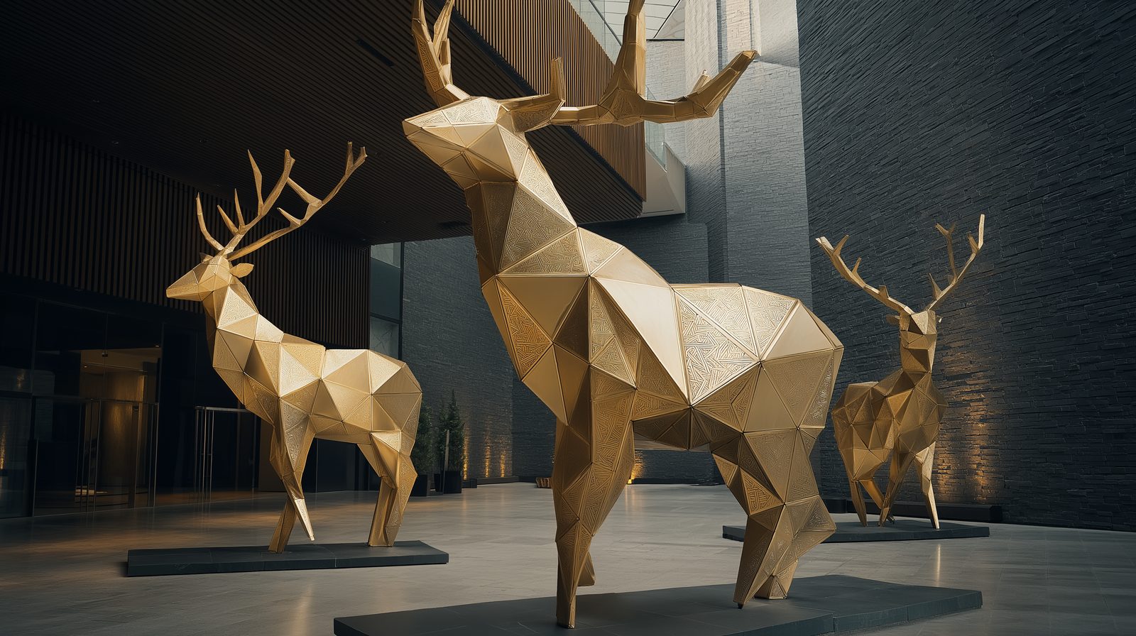 Wimacons 3.5m monumental reindeer sculpture — foam-core floral installation, five-star hotel lobby statement piece Belgium