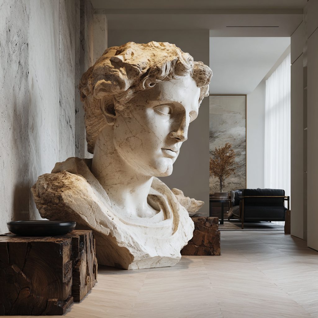 Wimacons classical sculpture in raw modern interior — foam-core stone finish, bespoke commission, luxury hospitality design