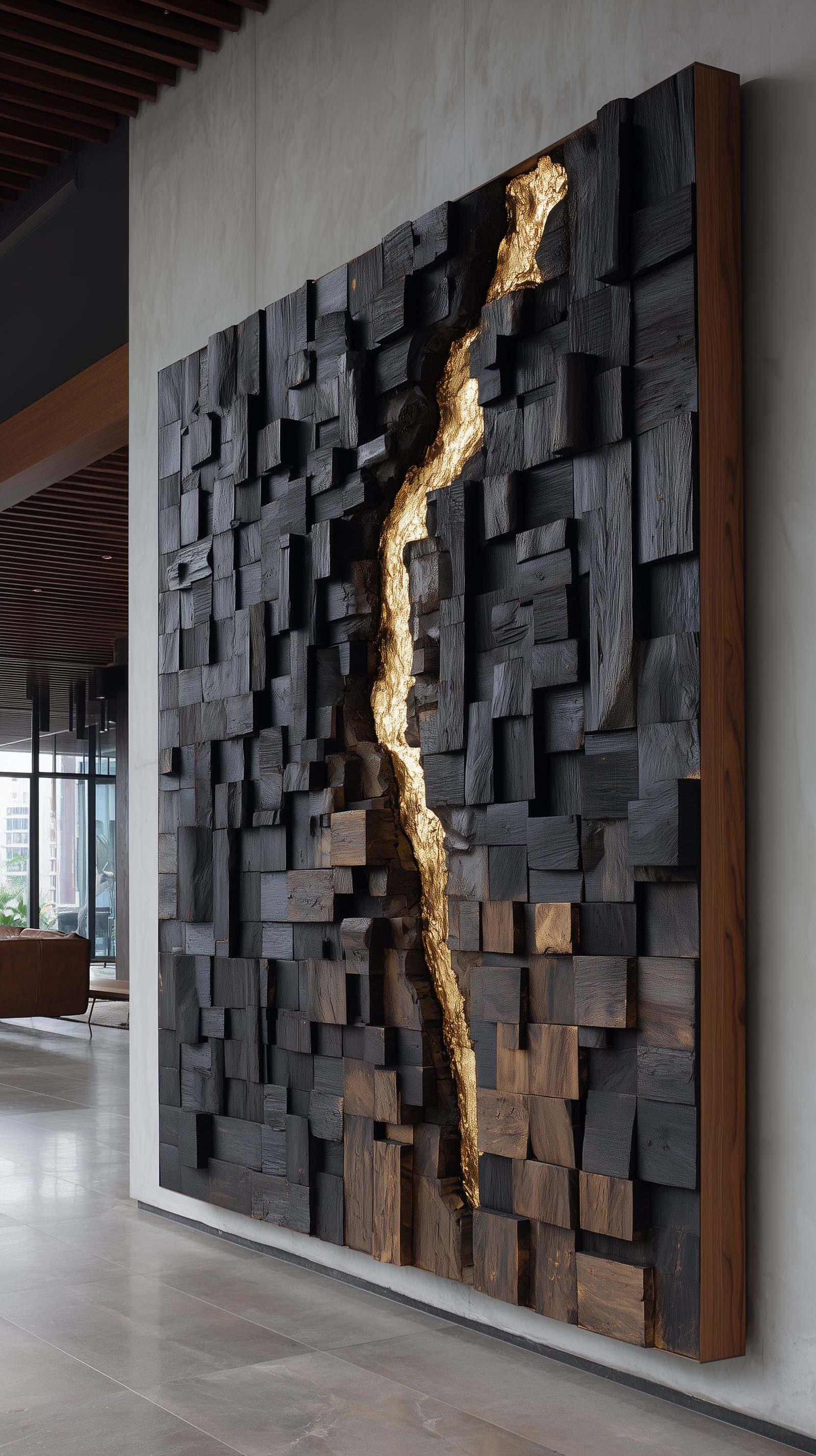 Wimacons burnt wood finish wall art — large contemporary textural panel, foam-core fabrication, luxury restaurant decor