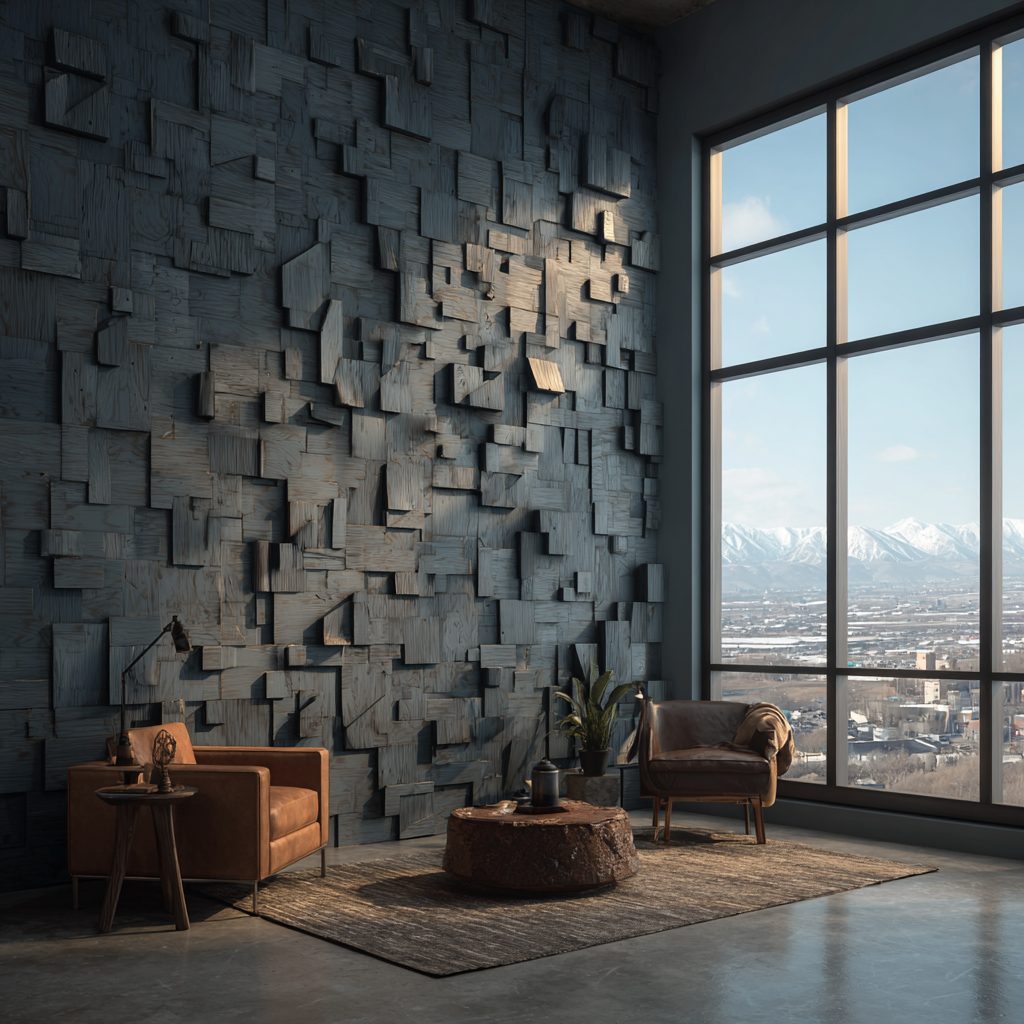 Wimacons 3D accent wall design — textural surface treatment, foam-core coated finish, exclusive restaurant interior Belgium