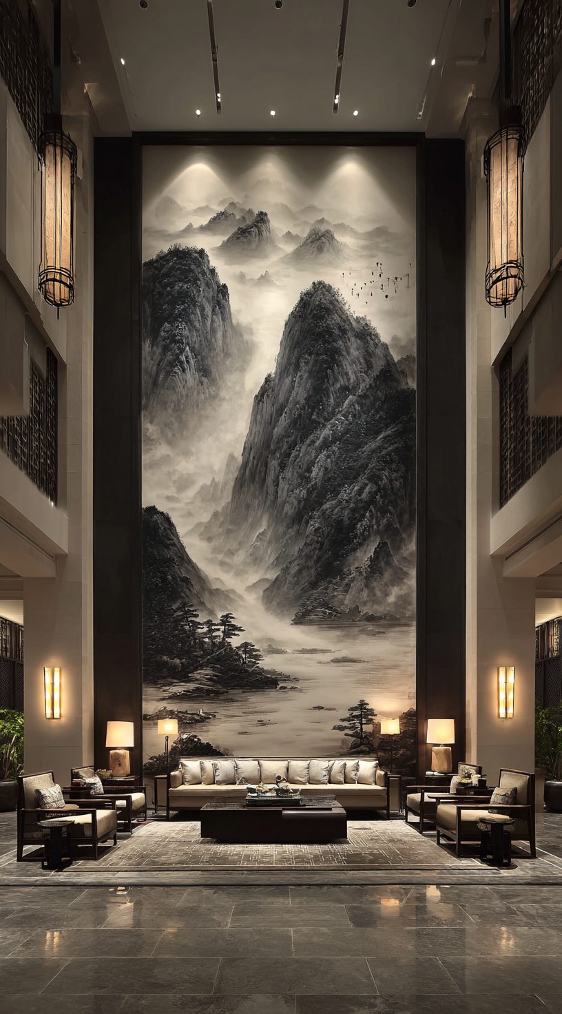 Wimacons monumental landscape relief wall — floor-to-ceiling mountain scene, foam-core coated finish, luxury hotel lobby