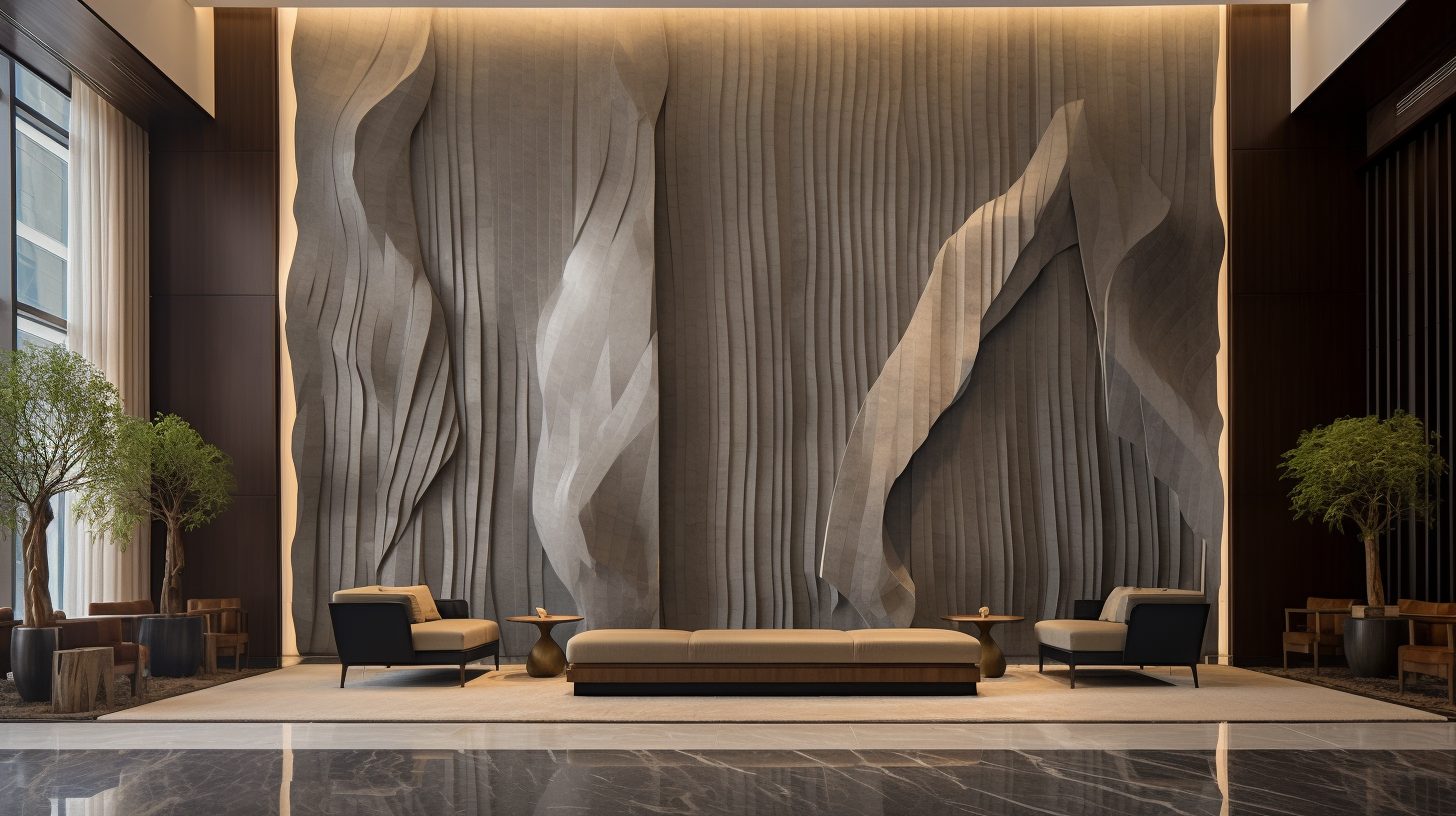 Wimacons reception feature wall — monumental relief installation behind front desk, foam-core fabrication, luxury hotel lobby