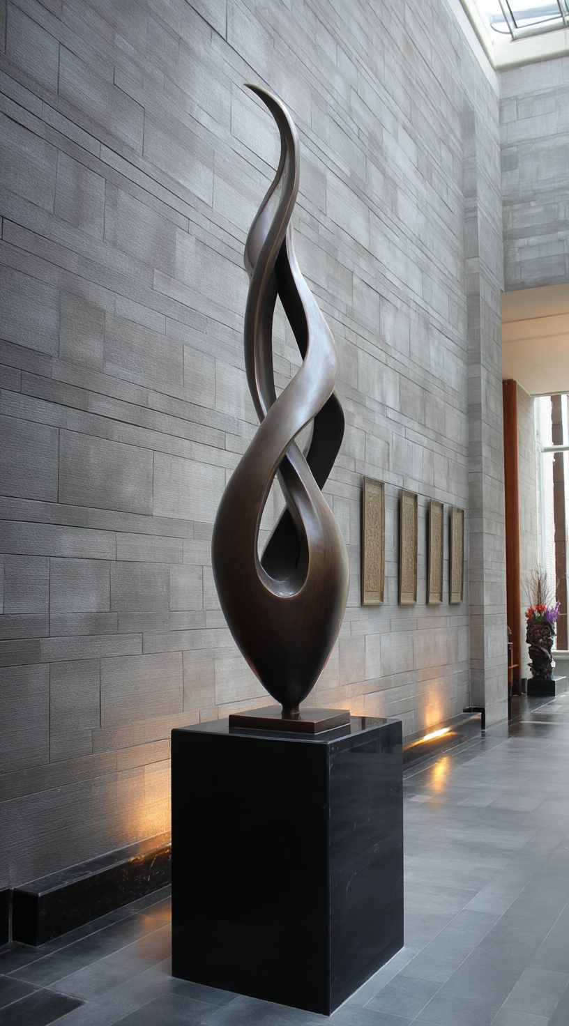 Wimacons elegant bronze sculpture with flowing curves, private estate commission, lightweight foam-core