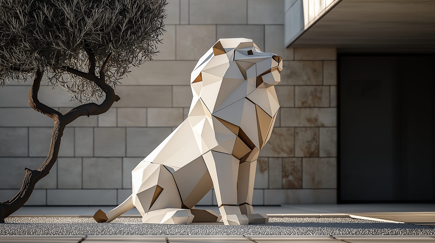 Wimacons faceted lion sculpture, courtyard scale, foam-core coated finish