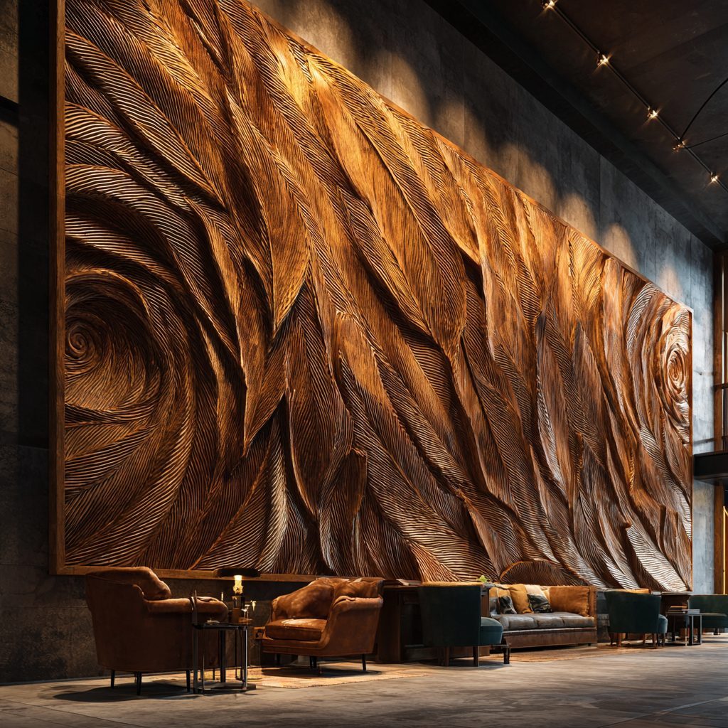 Finished monumental carved feather wall panel, executed to the original concept sketch, Wimacons