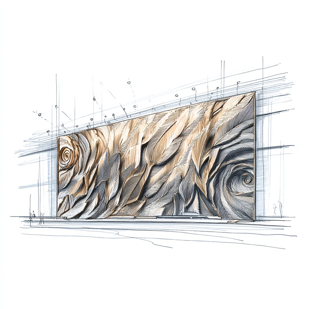 Concept sketch for a monumental carved feather wall panel, Wimacons design process