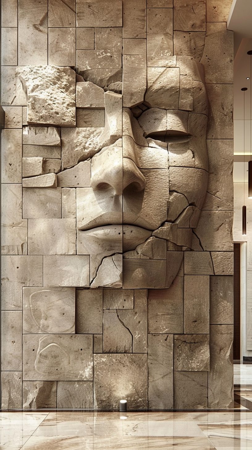 Wimacons carved stone relief wall, fabricated to design studio specification, lightweight foam-core construction