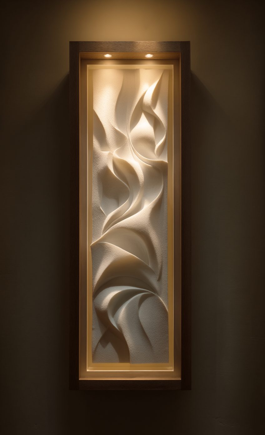 Wimacons 3D wall art — tall vertical framed relief sculpture, foam-core coated finish, five-star hotel corridor